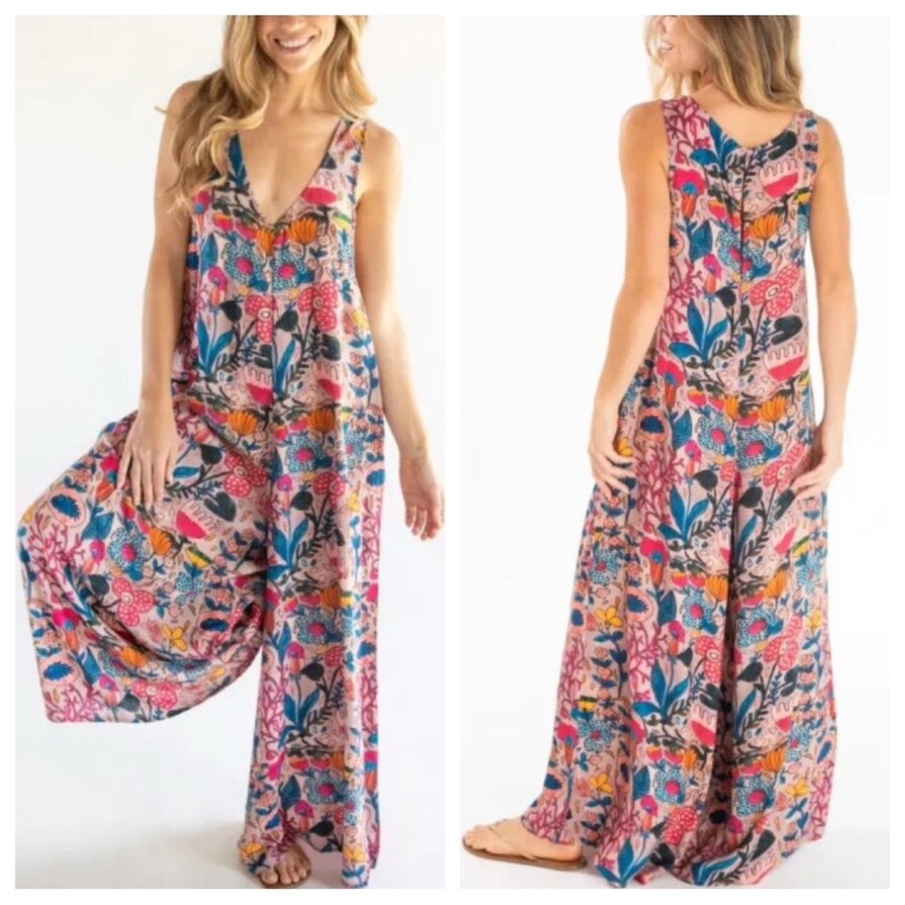 NATURAL LIFE Pink Floral Wide-Leg Jumpsuit with Blue & Orange Accents